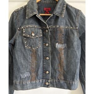 Vtg HUGO Boss Womens S Studded Denim Jacket Reworked Custom Sashiko Patch Italy